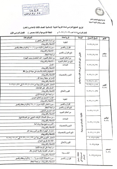 توزيع الدين تالته اعدادي توزيع الدين تالته اعدادي